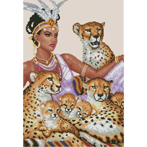 Counted Cross Stitch Kit Indian Lady Woman Girl Empress Queen and Leopard Six Leopards Cub Family luca-s luca