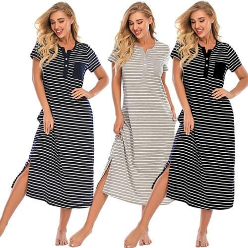 Spring and Summer Womens Nightdress Short-sleeved Striped Comfortable Loose Home Service Sleep Tops Sleepwear Women Nightwear