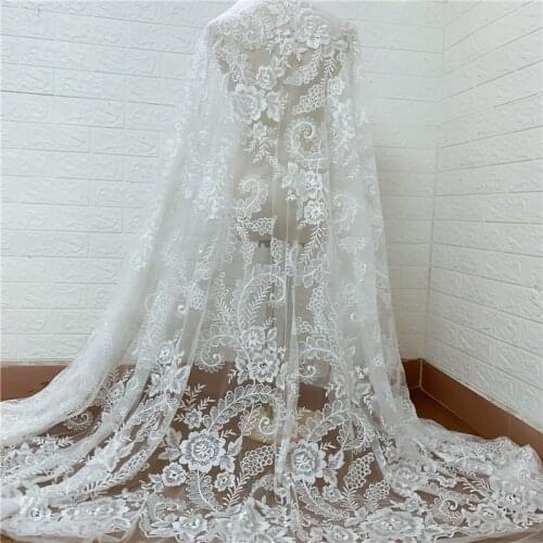 2020 LFY New Style Off white Beige Sequins Mesh Embroidery Bride wedding dress lace fabric 1 Yard