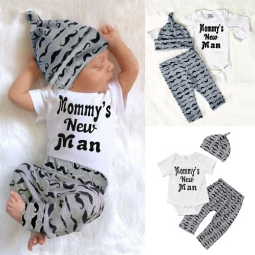 Autumn 3Pcs Newborn Baby Boy Romper Tops +Long Pants Hat Outfits Clothes 0-18M Beard Pattern baby cute clothing set