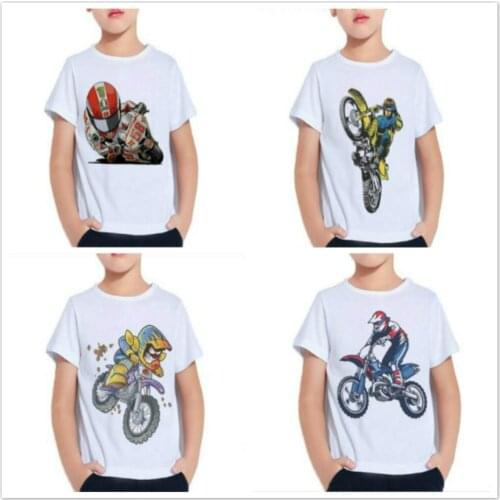 New Boys Motorcycle Motocross Printed Shirt Kids Cotton Fashion Children Short Sleeve T Shirts Summer Clothes Girls Tops White
