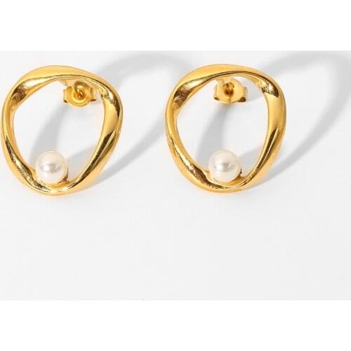 Retro temperament minimalist 18k gold plated stainless steel jewelry Irregular geometric pearl earrings