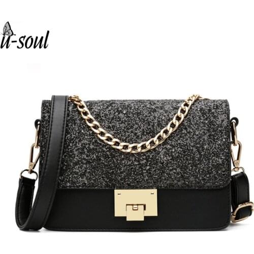 USOUL 2020 woman bag bling glitter lock handbag chain shoulder bags luxury handbags female purse crossbody bags for women A2214