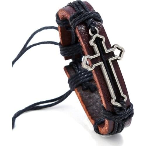 Vintage Retro Fashion Cross Bracelet Genuine Leather Rope Wrap JESUS Charm Bangle Wristbands Casual Men Women Cristiano Jewelry