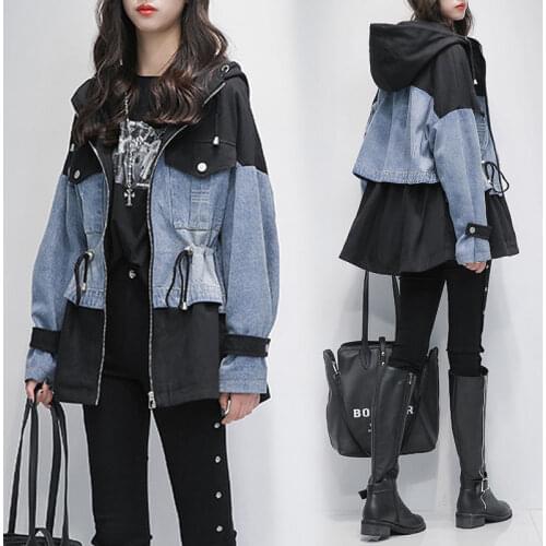 4XL Women Denim Jacket 2021 Autumn New Plus Size Waist Slim Patchwork Long Sleeve Fashion Loose Hooded Trench Jeans Female Coat