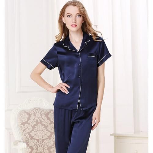 100% Silk Women Pajamas Natural Silkworn Silk Sleepwear Female Short-Sleeve Top Pants Two-Piece Sets Spring Summer New T8001