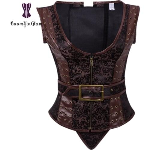 Zip Up Womens Waistcoat Vest Brown Steampunk Gothic Clothing Slimming Body Shaper Top Deep V Bustier Corset With Blets