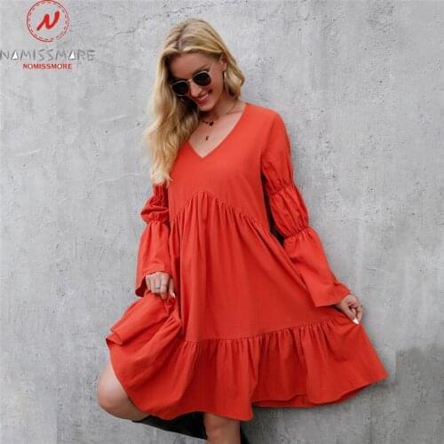 Bohemian Women Solid Color A-Line Dress for Streetwear Patchwork Design Ruffles Decor V-Neck Long Sleeve Mid Waist Casual Dress