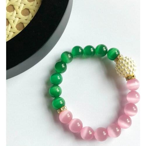 Hand Made Greek Sorority Elastic Line Pink Green Cats-Eye Charm Pendant Bracelet Women Jewelry