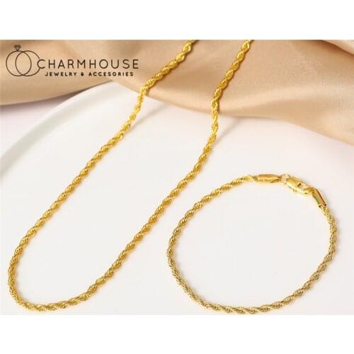 18K Gold Plated Jewelry Sets For Man Women 4mm Twisted Chain Necklace & Bracelet 2 pcs Jewellery Set Accessories Bijoux Gifts
