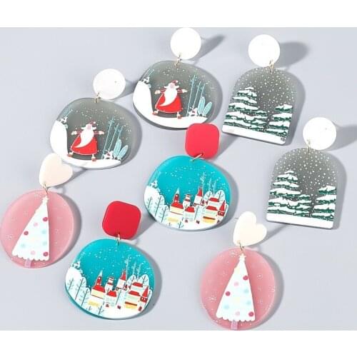 2021 Wholesale Creative Round Geometry Resin Christmas Pattern Pendant Earrings for Women Holiday Jewelry Gifts