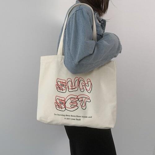 2021 Letter Sunset Womens Tote Shopper Bags Casual Shoulder Bag for Ladies Large Female Handbag Cotton Cloth Eco Shopping Bag