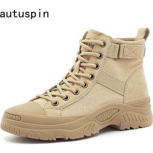 Autuspin New Canvas Ankle Boots Women Autumn Winter Fashion Desert Boot Shoes Woman Outdoor Casual Lace Up Platform Shoes 35-40