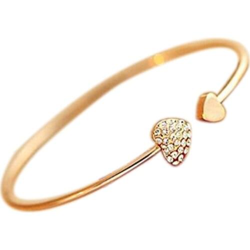 GENBOLI Womens Rhinestone Double Hearts Opening Bangle Bracelet Jewelry Gift