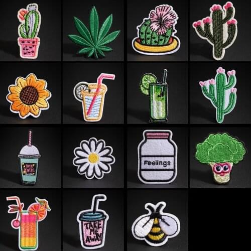 Flower Cactus Embroidered Patches For Clothing Drink Bee Patch Iron On Patches On Clothes Maple Leaf Badge Stripe Stickers