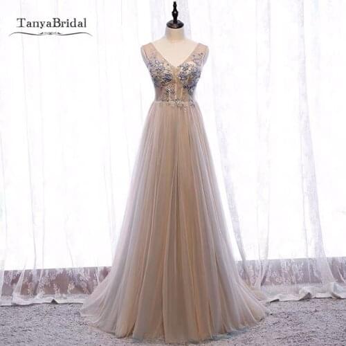 Champagne V Neck Prom Dresses Long Celebrity Evening Dresses vestidos JQ765
