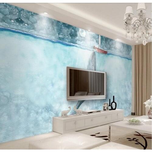 Bacal papel de parede Hand drawn underwater world whales little girl art background wall papel de parede infantil tapety 3D