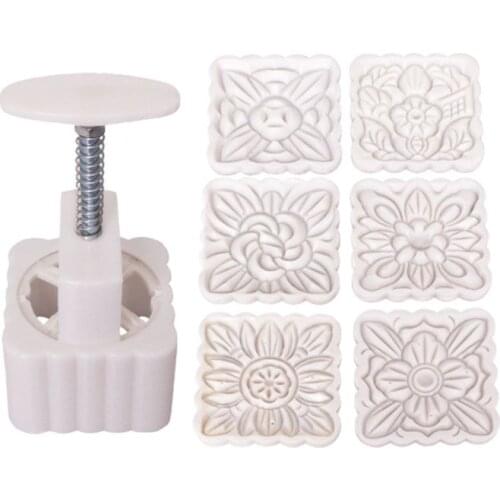 150g Mooncake Mold 6pcs Square Flowers Stamps Hand Press Moon Cake Pastry Mould 449C