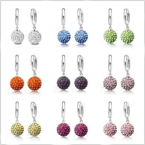 Hot Sale Multi Colors One Pair Real Pure 925 Sterling Silver Austrian Pave Disco Ball Hoop Lever back Earring Woman Jewelry
