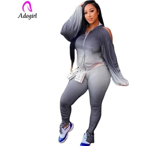 Changing Color Hollow Out Hooded Zip Two Piece Set Casual Long Sleeve Off Shoulder Zipper Hoodies Slim Pants GYM Sporty Clothing