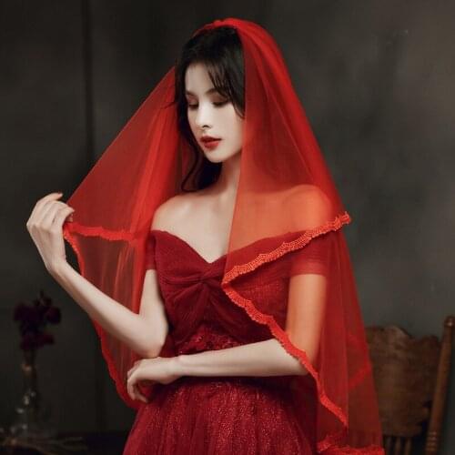 Red veil bride main wedding dress wedding lace long retro photo props short show Wo clothing hijab headdress