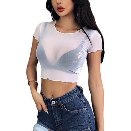 Summer Women Sexy Crop Tops Tee Adults Solid Color Short Sleeve Round Neck See-through Mesh T-shirt