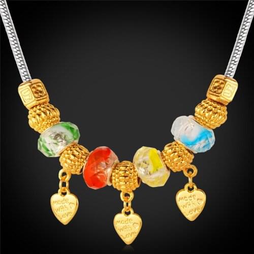 Cute DIY Charms Necklace &Pendant For Women Gold Color Rhinestone Crystal Glass Bead European Heart Jewelry N853