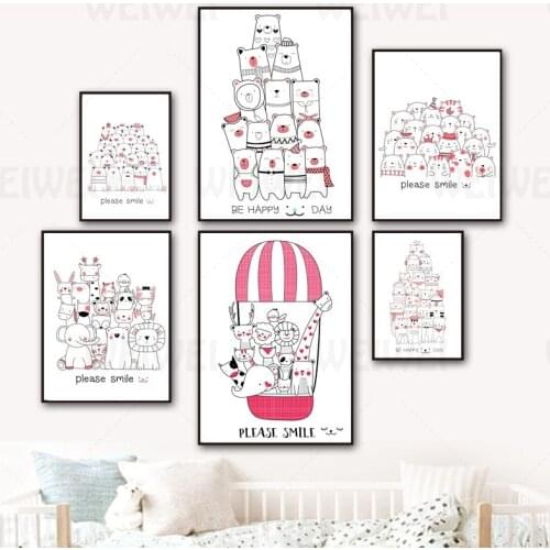 Cute Little Animal Cat Home Decoration Painting Be Happy Every Day Hot Air Balloon Flying Elephant Giraffe Children Room Canvas