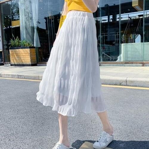 Fashion Elastic Waist A-Line Folds Chiffon White Bust Skirt Women High Waist Mid-length Pleated Skirt Girls