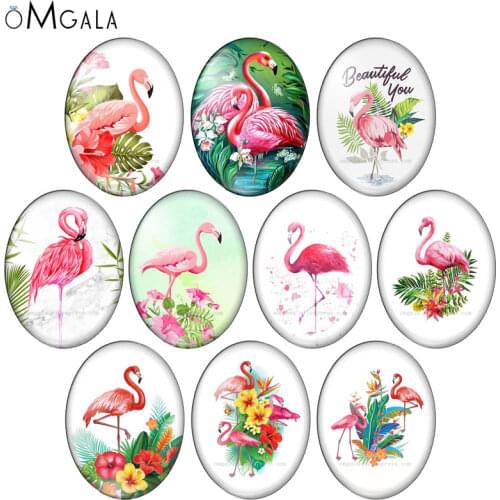 Fashion Beauty Flamingo Animals 10pcs 13x18mm/18x25mm/30x40mm Oval photo glass cabochon demo flat back Making findings