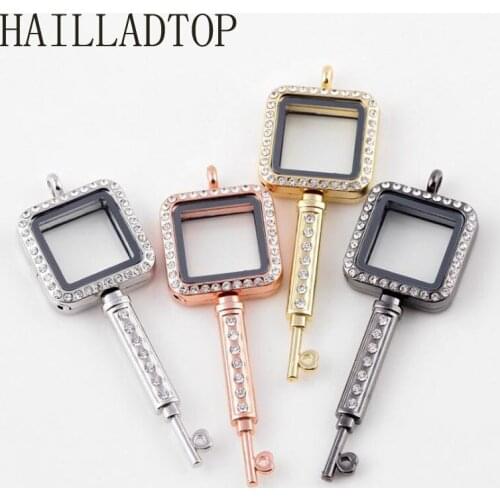 Fashion Rhinestone Key Shape Locket For Charms Magnetic Floating Locket With Chains Pendant Rose Gold Necklace For DIY Charms