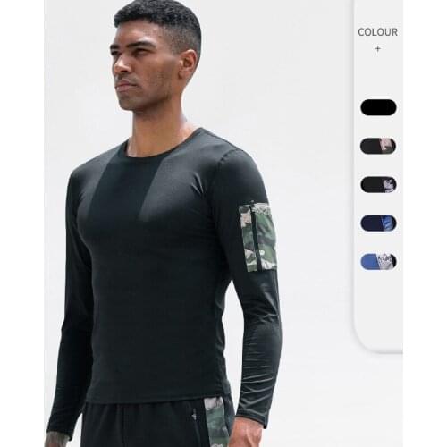 Men Sport Shirts Camo Pocket Long Sleeve T-Shirt Fitness Running Workout Top High Elastic Quick Dry Gym Clothing Sweat Tight Top
