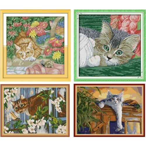 Joy Sunday Cross Stitch Kits Cat and Dragonflie Stamped Printed 11CT 14CT Counted Printing Crafts Kit Embroidery Needlework Sets