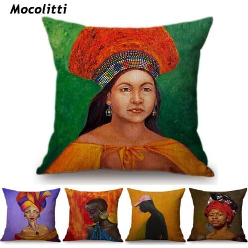 African Oil Painting Art Style Cushion Cover Colorful African Noble Woman Self Portrait Exotic Home Decor Sofa Throw Pillow Case