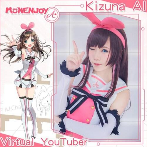 Monenjoy Virtual YouTuber Kizuna AI Cosplay Wig A.I.Channel Brown Highlights Pink Cos Hair