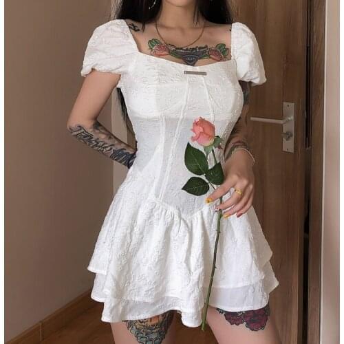 XUXI French Square Neck Puff Sleeve Dress Women Streetwear Fashion Embroidery Thin Pleated Princess Skirt Summer 2021 E2722