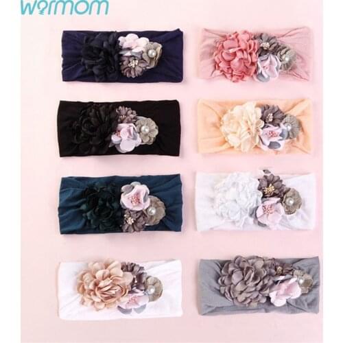 Warmom European American Soft Nylon Baby Headdress Headband Silk Stitching Flower Baby Hair Accessories Cute Princess Headband