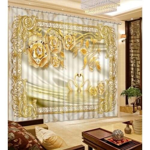 Luxury European Modern 3d curtains custom curtains Marble Gold Flower Diamond Swan home bedroom decoration