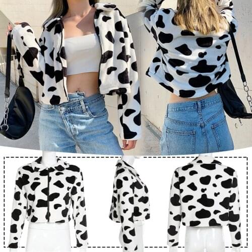 Chic Cow Pattern Hoodies Autumn Winter Thick Plus Velvet Warm Fleece Tops Fashion Female Outwear Sweatshirts