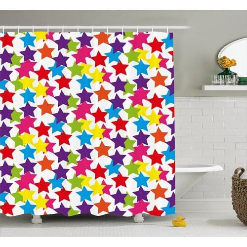 Modern Decor Shower Curtain Little Rainbow Colored Funky Stars Kids Nursery Boys Girls Room Art Print Waterproof Bath Curtains