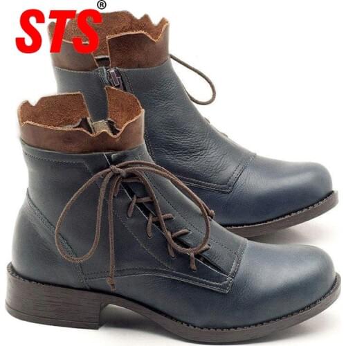 STS Womens Casual Leather Ankle Short Boots Autumn Vintage Lace Up Women Shoes Comfortable Flats Heel Boots Fashion Plus Sizes