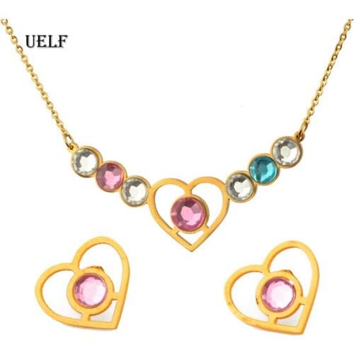 UELF Romantic Heart Jewelry Set For Women Stainless Steel Wedding Pendant Necklace Charm Stud Earring Elegant Party Gift