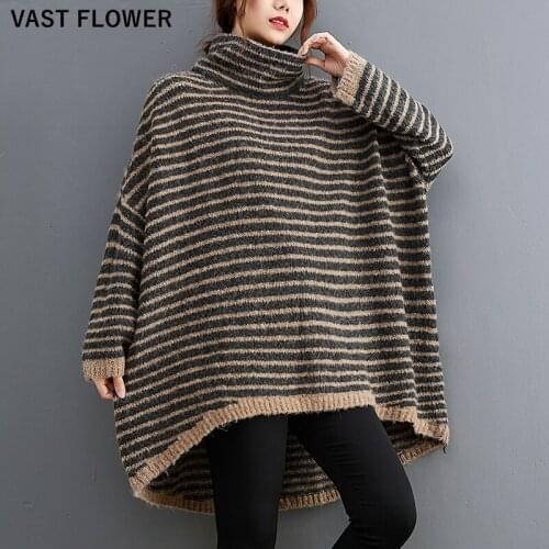 Striped Knitted Turtleneck Sweater Women Autumn Winter Pullover Long Sleeve Top Loose Oversized Sweaters Fashion Clothes 2021