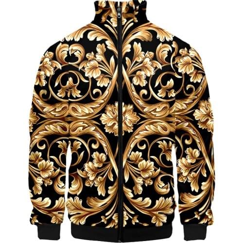 LCFA 3d Print Stand Collar Hoodie Gold Flower Luxury Royal Baroque Fashion Men/Women Zipper Hoodies Jackets Long Sleeve Zip Up