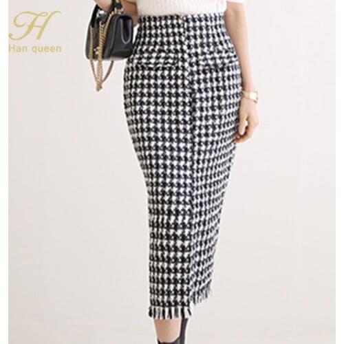 H Han Queen Women Winter Bodycon Skirt Houndstooth High Waist Skirts Sexy Elegant Korean Chic Office Lady Split Casual Skirt New