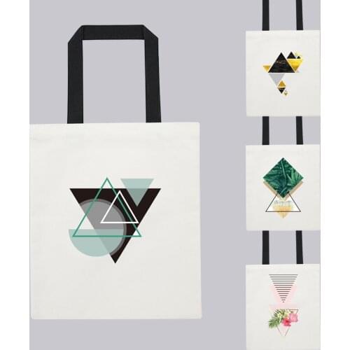 Women Shopping Bags for Summer New Geometry Shape Pattern Series High Capacity Shoulder Bag Harajuku Style White Canvas Tote Bag