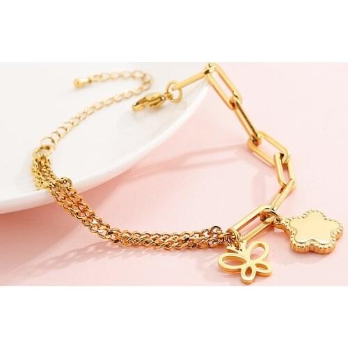 Origin Summer Temperament Gold Titanium Steel Flower Charm Bracelet for Women Exquisite Asymmetric Butterfly Bracelet Jewelry