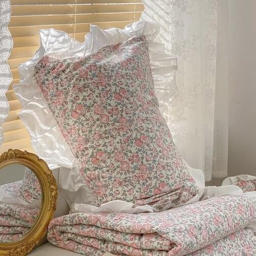 Cilected 100% Cotton Korean Flower Print Pillowcase Princess Wind Lotus Leaf Lace Pillow Cushion Cover Home Decoration 2Pcs