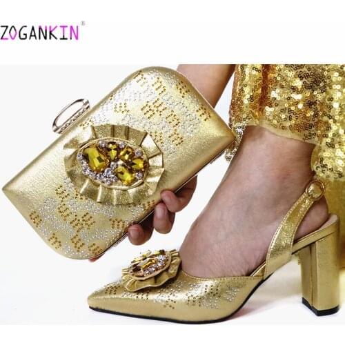 2019 Sexy Italian Women Matching Shoes and Bag Set In Heels Matching Shoes and Bag Set for Nigerian Party in Golden Color