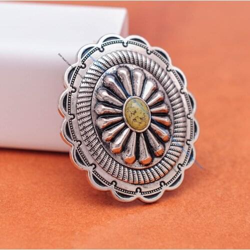 6pc 44*38mm Ethnic Traditional Flower Carved South Beige Turquoise Leathercraft Luggage bag Case Belt Big Oval Concho Screwback